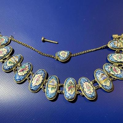Antique Sterling Silver Hand Painted Enameled Scenes 7" Bracelet in Good Preowned Condition.