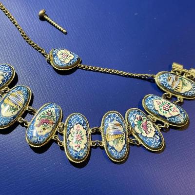 Antique Sterling Silver Hand Painted Enameled Scenes 7" Bracelet in Good Preowned Condition.