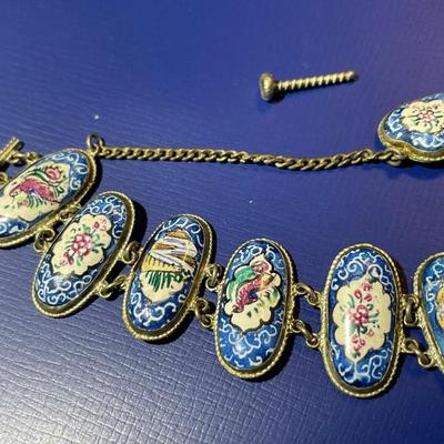 Antique Sterling Silver Hand Painted Enameled Scenes 7" Bracelet in Good Preowned Condition.