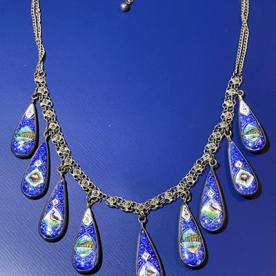 Antique Sterling Silver Hand Painted Enameled Scenes 14-16" Adjustable Necklace W/Blue & Black Reversible Dangling Charms