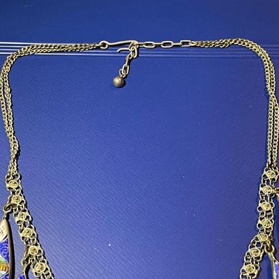 Antique Sterling Silver Hand Painted Enameled Scenes 14-16" Adjustable Necklace W/Blue & Black Reversible Dangling Charms