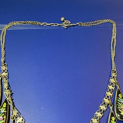 Antique Sterling Silver Hand Painted Enameled Scenes 14-16" Adjustable Necklace W/Blue & Black Reversible Dangling Charms