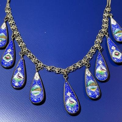 Antique Sterling Silver Hand Painted Enameled Scenes 14-16" Adjustable Necklace W/Blue & Black Reversible Dangling Charms