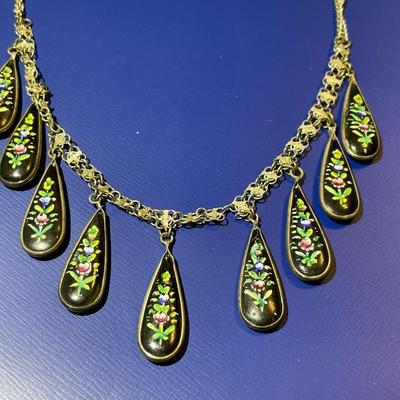 Antique Sterling Silver Hand Painted Enameled Scenes 14-16" Adjustable Necklace W/Blue & Black Reversible Dangling Charms