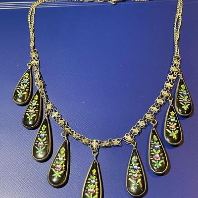 Antique Sterling Silver Hand Painted Enameled Scenes 14-16" Adjustable Necklace W/Blue & Black Reversible Dangling Charms
