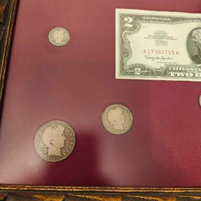 Framed 1963 $2 bill and 11 coins, 1884 e pluribus unum silver dollar