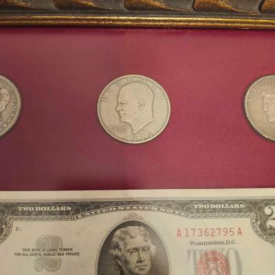 Framed 1963 $2 bill and 11 coins, 1884 e pluribus unum silver dollar