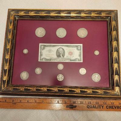 Framed 1963 $2 bill and 11 coins, 1884 e pluribus unum silver dollar