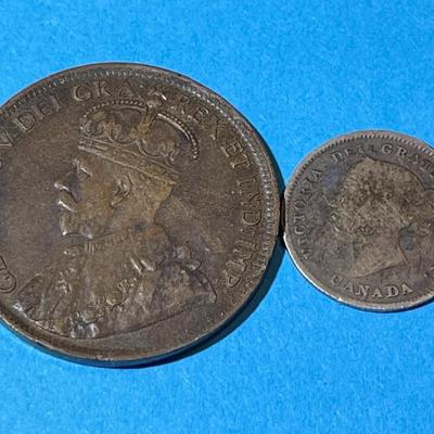 Canada 1919 Large Cent & 1886 Small-6 5-Cent Silver Coin Circulated as Pictured.