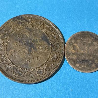 Canada 1919 Large Cent & 1886 Small-6 5-Cent Silver Coin Circulated as Pictured.