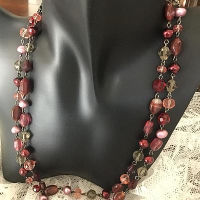 Lia Sophia Red Bead Necklace Double Strand Multi Color Glass Beads