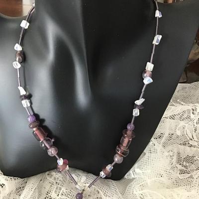 Purple beaded necklace with faux stone pendant