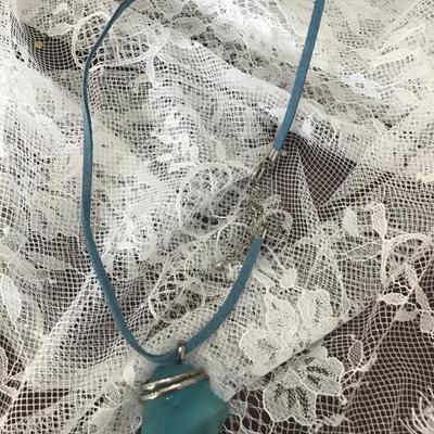 Blue cord necklace with blue stone/ rock pendant