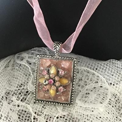 VOLM pink ribbon necklace with flower rectangle charm