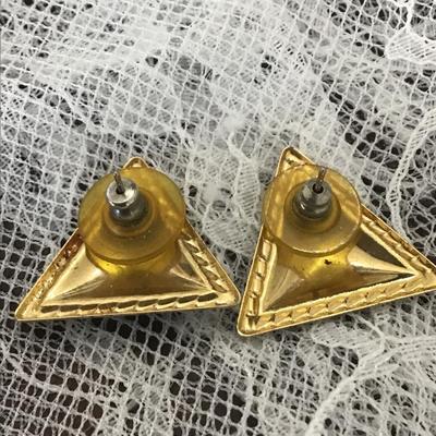 Gold tone black and red triangle earrings