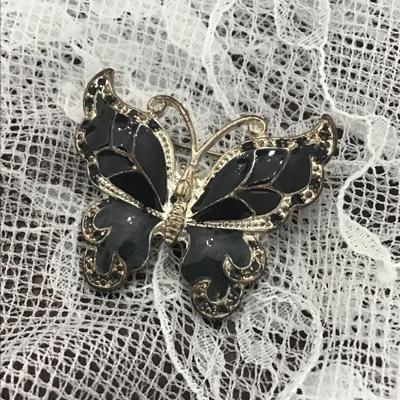Silver tone black and dark gray butterfly pin