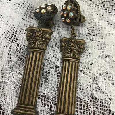 clip earrings with AB clear stones and Roman columns