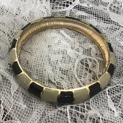 Black Gray Gold, Enameled Metal, Bangle, Vintage Bracelet