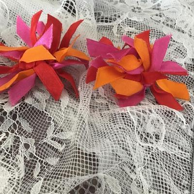 Vintage pink, orange, and red ribbon bows clip on earrings