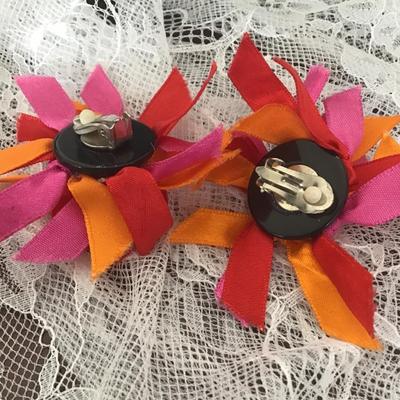 Vintage pink, orange, and red ribbon bows clip on earrings