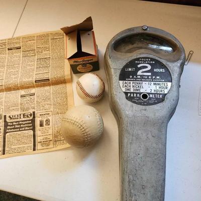 Vintage Police Regulation Parking Meter and Vintage Unused 1960's MacGregor B76C Little League Baseball