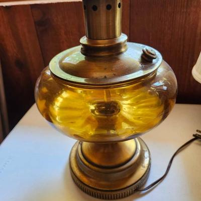 Vintage Amber Glass Brass Base Table Lamp and
