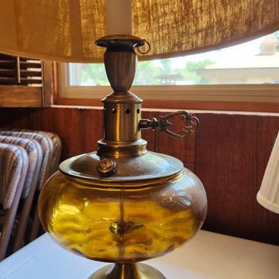 Vintage Amber Glass Brass Base Table Lamp and