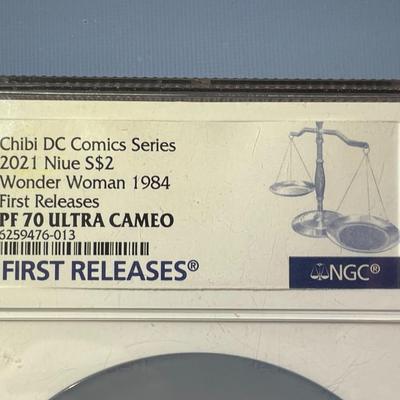 NGC Certified 2021 PROOF-70 ULTRA CAMEO First Release Large Oversized Holder CHIBI DC COMIC Series Wonder Woman 1984 Silver 2-Niue Coin
