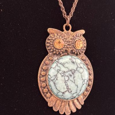 Vintage Bronze Tone owl pendant With turquoise stone and bronze Tone chain
