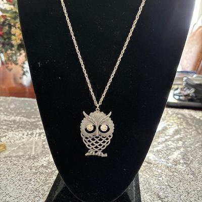 Silver toned, long chain, owl pendant Necklace