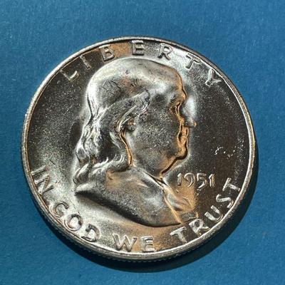 1951-S CHOICE BU FRANKLIN SILVER HALF DOLLAR AS PICTURED.