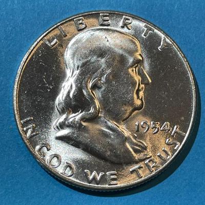 1954-P CHOICE BU FULL BELL LINES FRANKLIN SILVER HALF DOLLAR AS PICTURED.