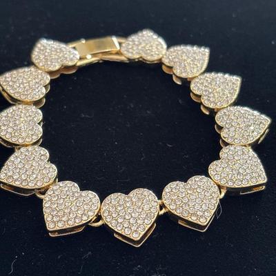 Gold, toned, peach, heart, charm link chain bracelet