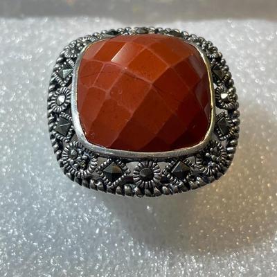 Vintage Sterling Silver Large Carnelian Stone Ring Size 7-3/4 in Good Preowned Condition.