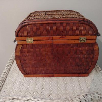 Wooden Storage Box with Woven Design and Side Handles