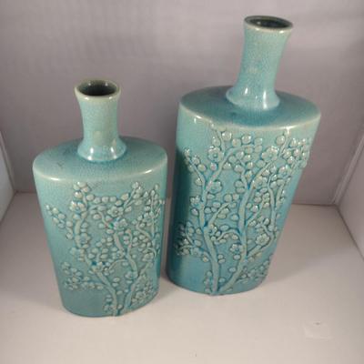 Pair of Ceramic Floral Theme, Bottle Shaped Vases