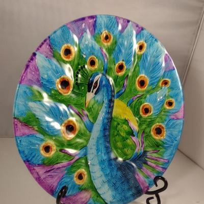 Decorative Peacock Design Glass Plate- Approx 11 3/4