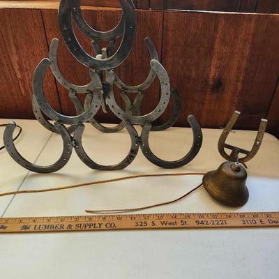 Horse shoe wine bottle holder and Beautiful Vintage Brass Dinner Bell