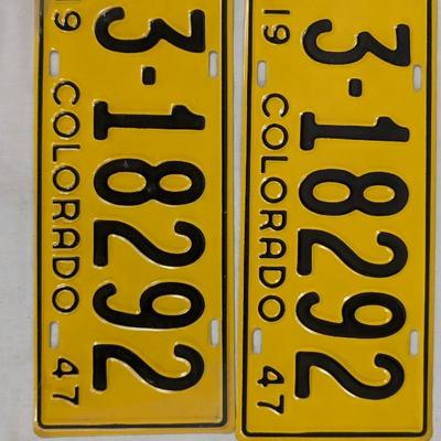 1947 Greeley Colorado License Plate Pairs w/ Paper Sleeves