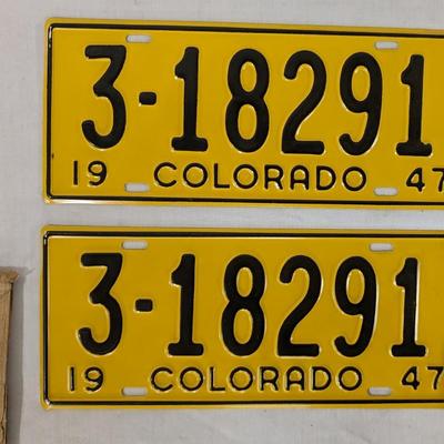 1947 Greeley Colorado License Plate Pairs w/ Paper Sleeves