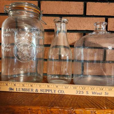 1966 Vintage Farmer Brown's Penny Candy Jar. milk bottle and I believe a kerosene ja