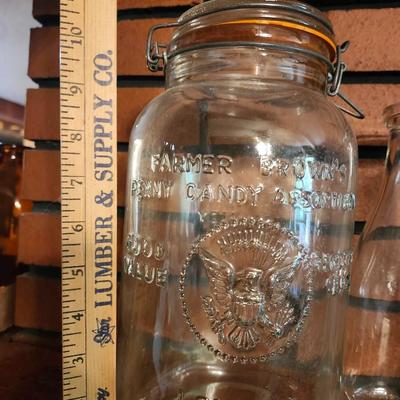 1966 Vintage Farmer Brown's Penny Candy Jar. milk bottle and I believe a kerosene ja