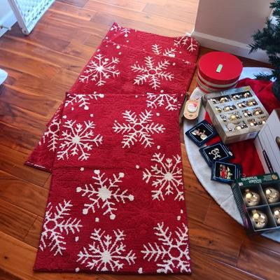 LITE EVERGREEN TREE IN A POT, 3 THROW RUGS, ORNAMENTS, STOCKING STUFFERS, ETC