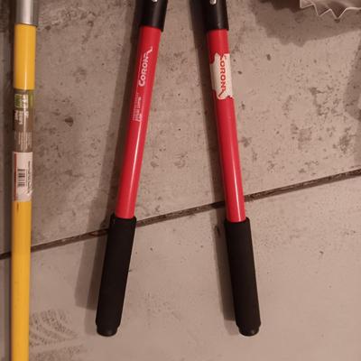 SHOVELS, LOPERS AND A LARGE METAL DUST PAN