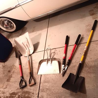 SHOVELS, LOPERS AND A LARGE METAL DUST PAN