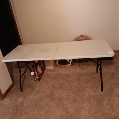 6 FOOT FOLDING TABLE AND KENMORE MAGIC BLUE SMALL CANISTER VACUUM