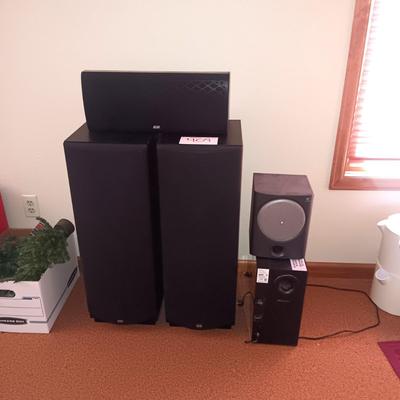 3 DCM SPEAKERS, 1 SAMSUNG AND A WIRELESS SUBWOOFER