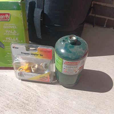 TETON SPORTS SLEEPING BAG, COLEMAN FOLDING SHOVEL & PROPANE ADAPTER