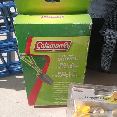 TETON SPORTS SLEEPING BAG, COLEMAN FOLDING SHOVEL & PROPANE ADAPTER