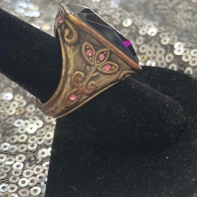 Vintage lucky brand, brass tone, large purple crystal ring adjustable inner